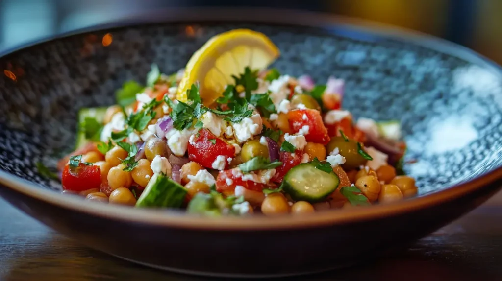 Mediterranean chickpea salad with tomatoes, cucumbers, and feta