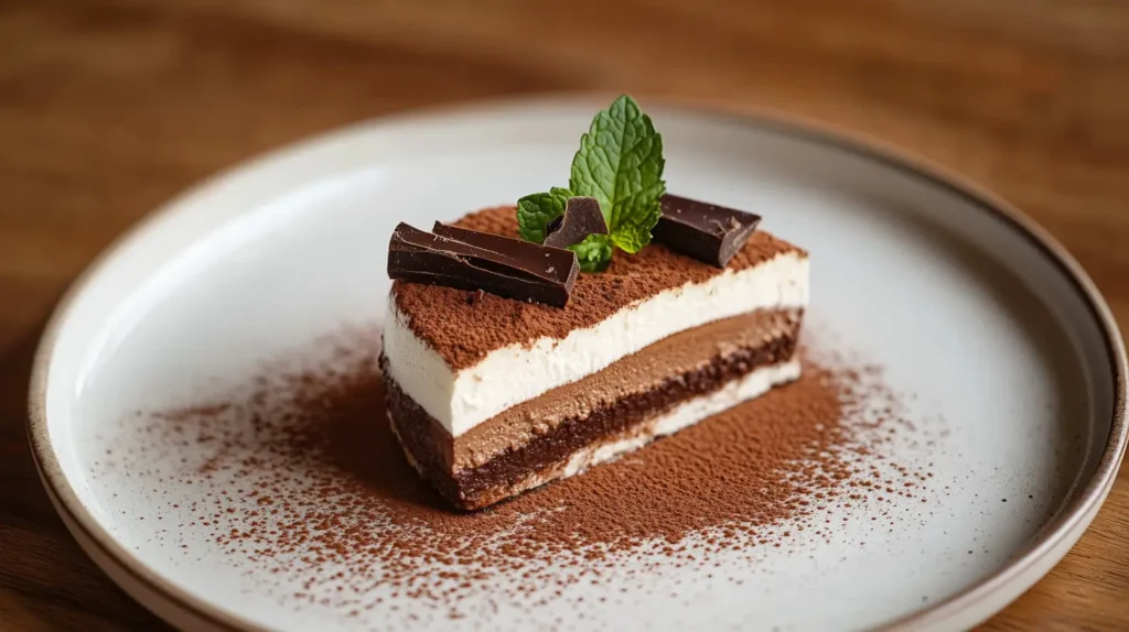 Chocolate tiramisu slice with cocoa and chocolate shavings
