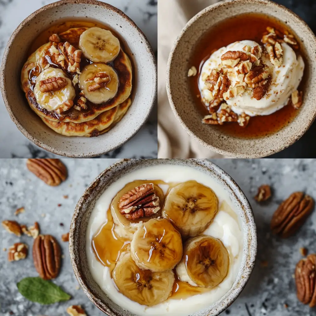 Air fryer caramelized banana variations served on yogurt, pancakes, and ice cream