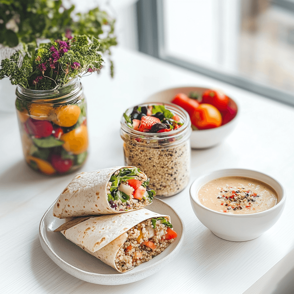 Flat lay of lazy girl lunch ideas including wraps, salads, and soup