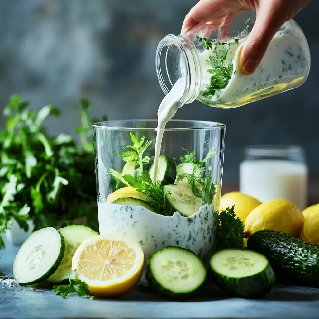 Blending ingredients for cucumber avocado soup in a kitchen