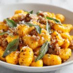 Creamy butternut squash gnocchi with sausage served in a white bowl with Parmesan and sage.