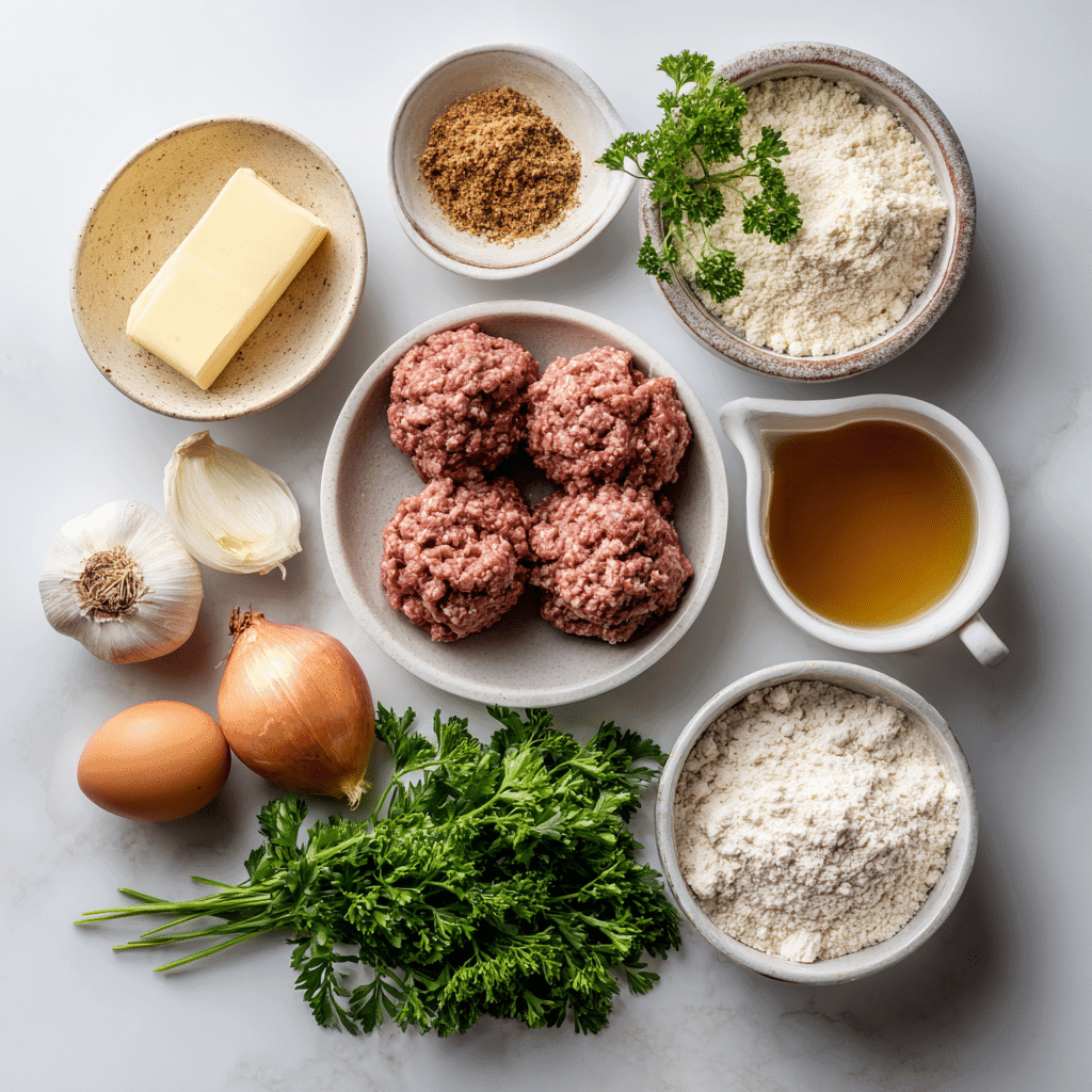 : Fresh ingredients for homemade meatballs and gravy arranged on a white kitchen counter.