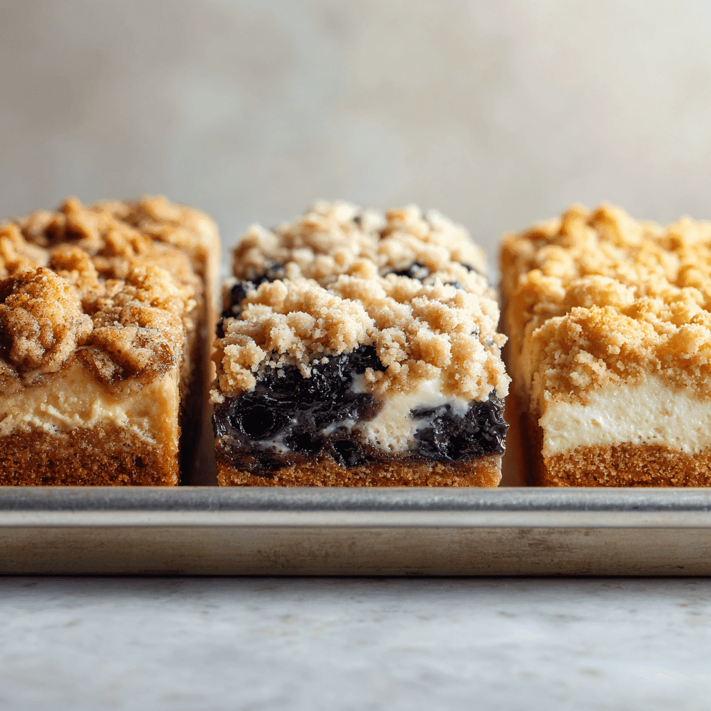 Three types of coffee cake on a tray: classic, blueberry, and cream cheese swirl