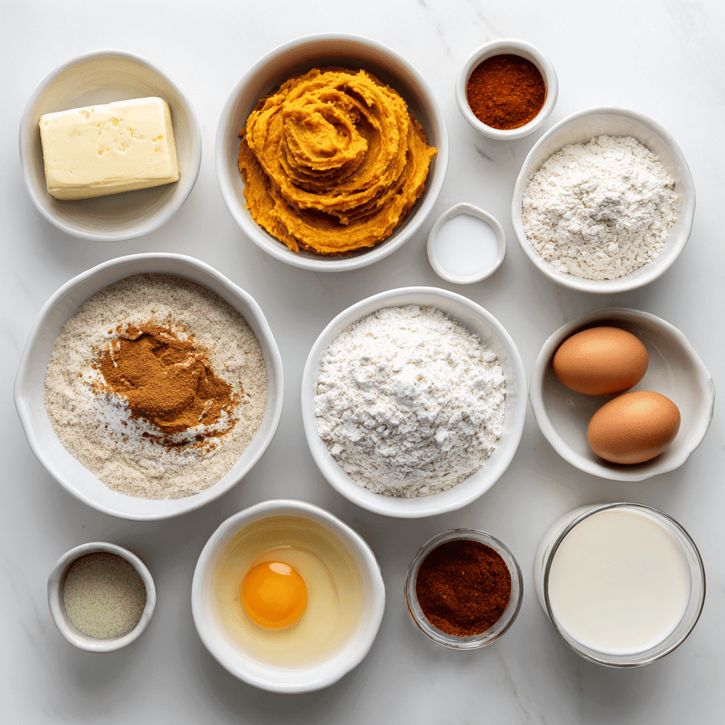 Ingredients laid out for pumpkin cinnamon roll recipe