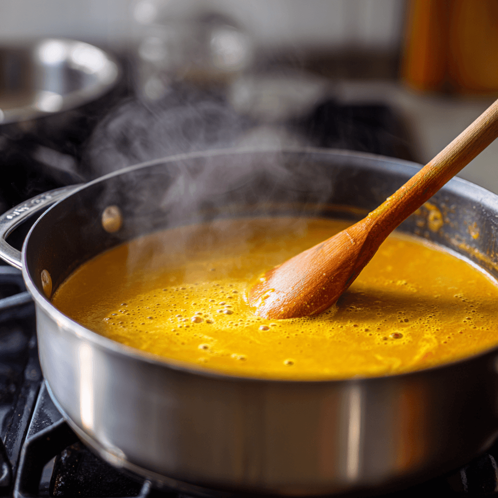 Wooden spoon stirring a pot of creamy golden-orange coconut curry pumpkin soup.