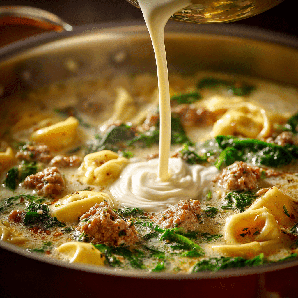 Pouring cream into sausage tortellini soup with spinach.