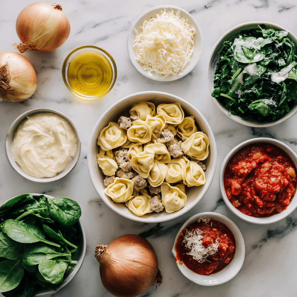 Ingredients for sausage tortellini soup with spinach on a kitchen counter.