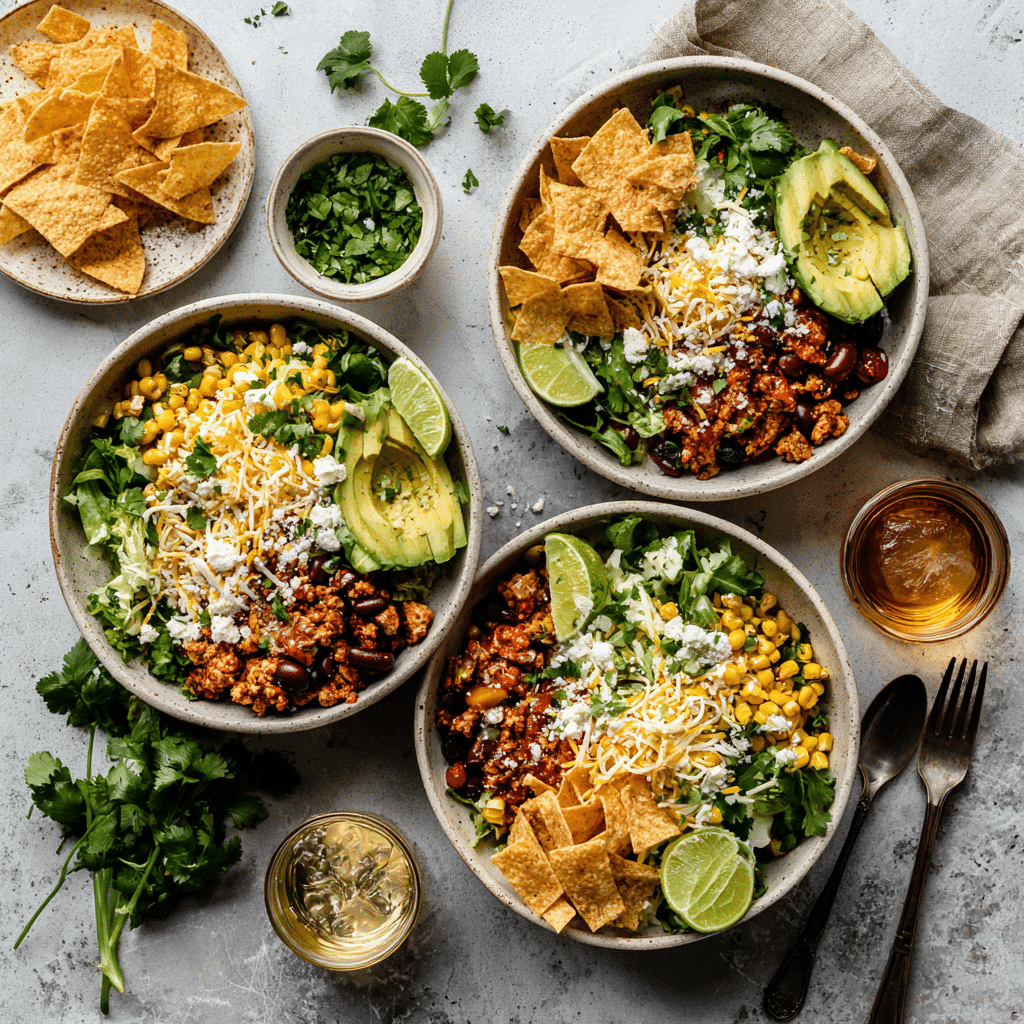 Fully assembled Turkey Taco Salad Bowls ready to eat