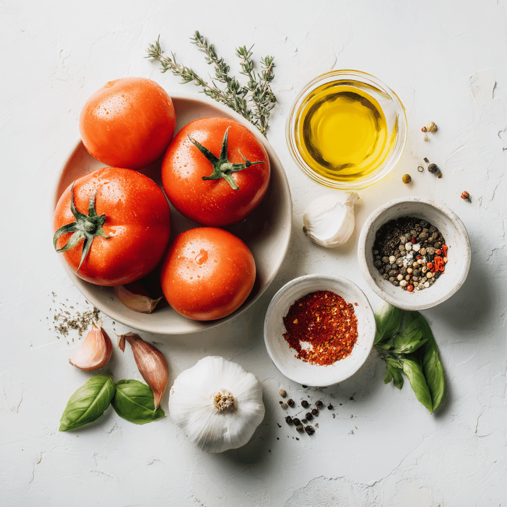 Ingredients for creamy roasted garlic tomato soup on countertop