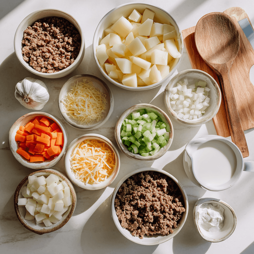 ingredients for creamy hamburger potato soup arranged on white counter