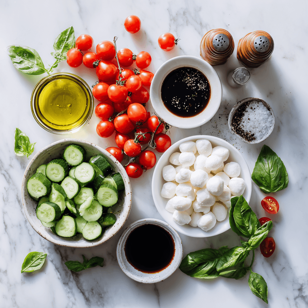 Ingredients for Easy Cucumber Caprese Salad on marble background