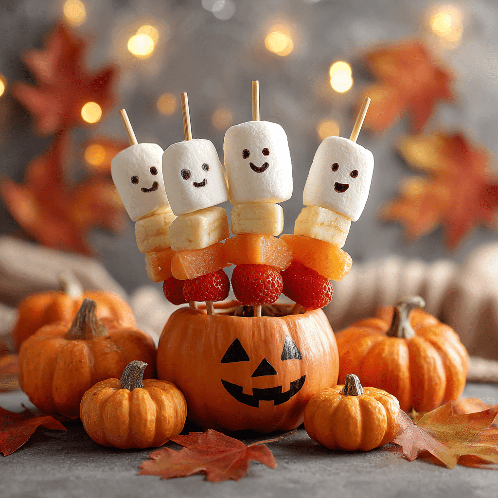 Halloween Fruit Skewers with Marshmallow Ghosts served in pumpkin base
