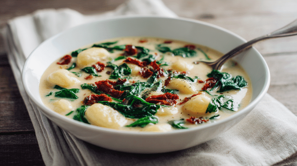 Served bowl of Tuscan Gnocchi Soup with Italian Herbs on linen napkin