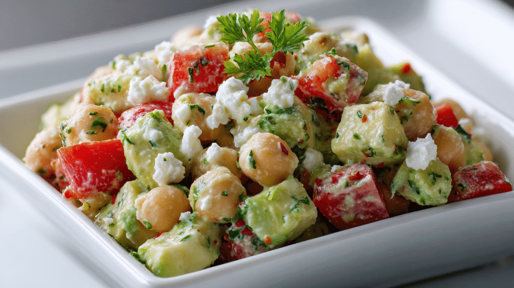 Serving of chickpea avocado salad with feta in a white dish
