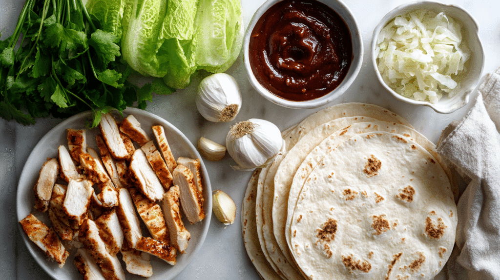 Fresh ingredients for BBQ Garlic Chicken Wraps laid out on a surface