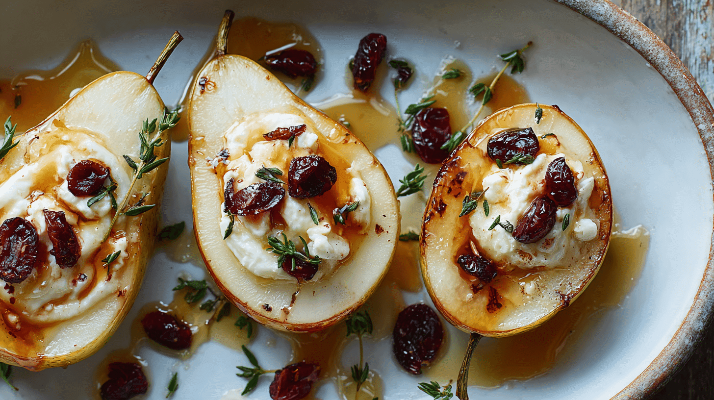 Baked Pears with Goat Cheese, Honey, and Cranberries on a white plate