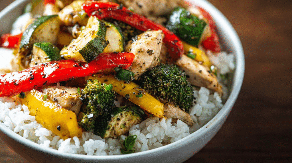 Healthy garlic chicken veggie bowl with stir-fried chicken, broccoli, zucchini, bell peppers, and white rice in a ceramic bowl