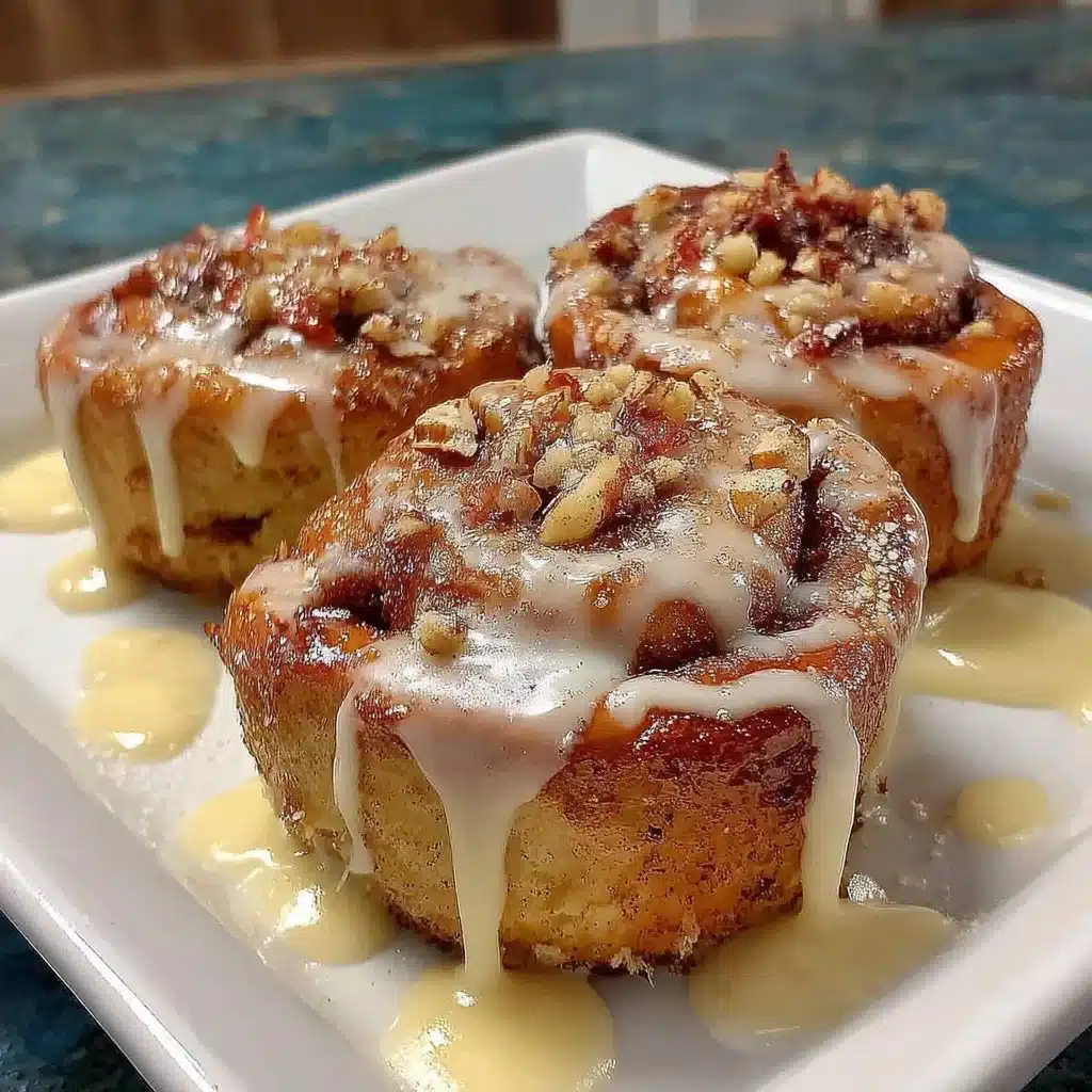 Delicious banana bread cinnamon rolls topped with frosting on a wooden table