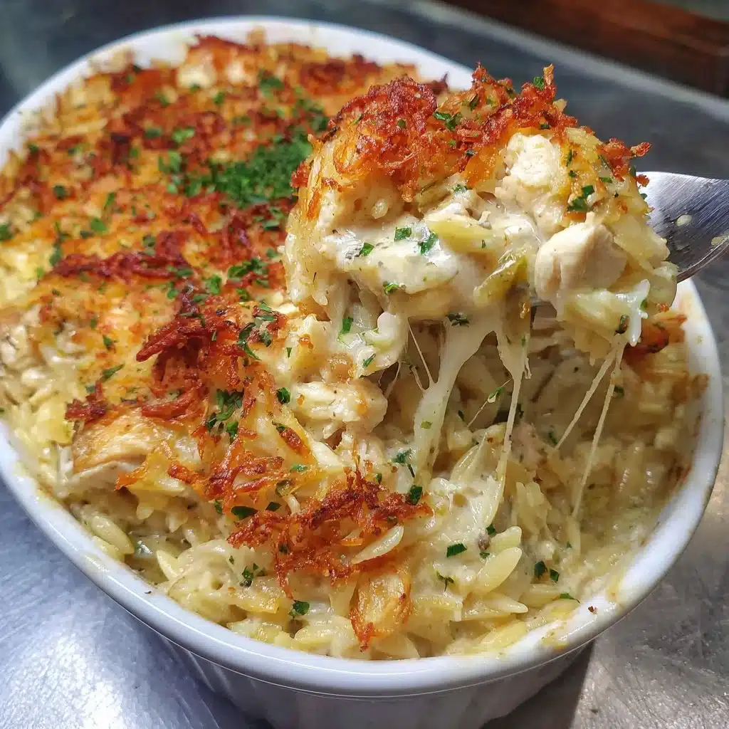 French Onion Chicken Orzo Casserole
