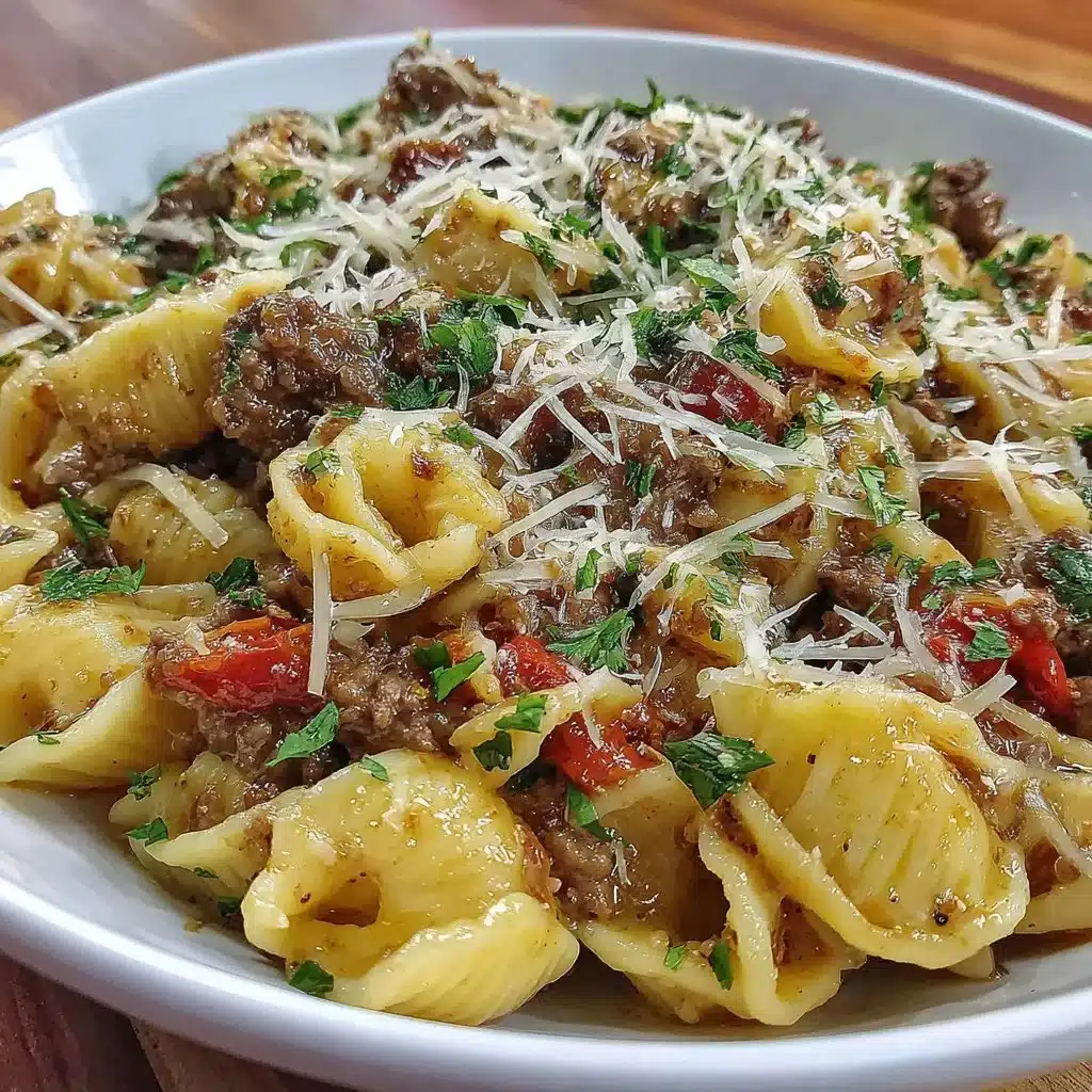 Creamy high protein beef pasta dish garnished with herbs and served in a bowl.