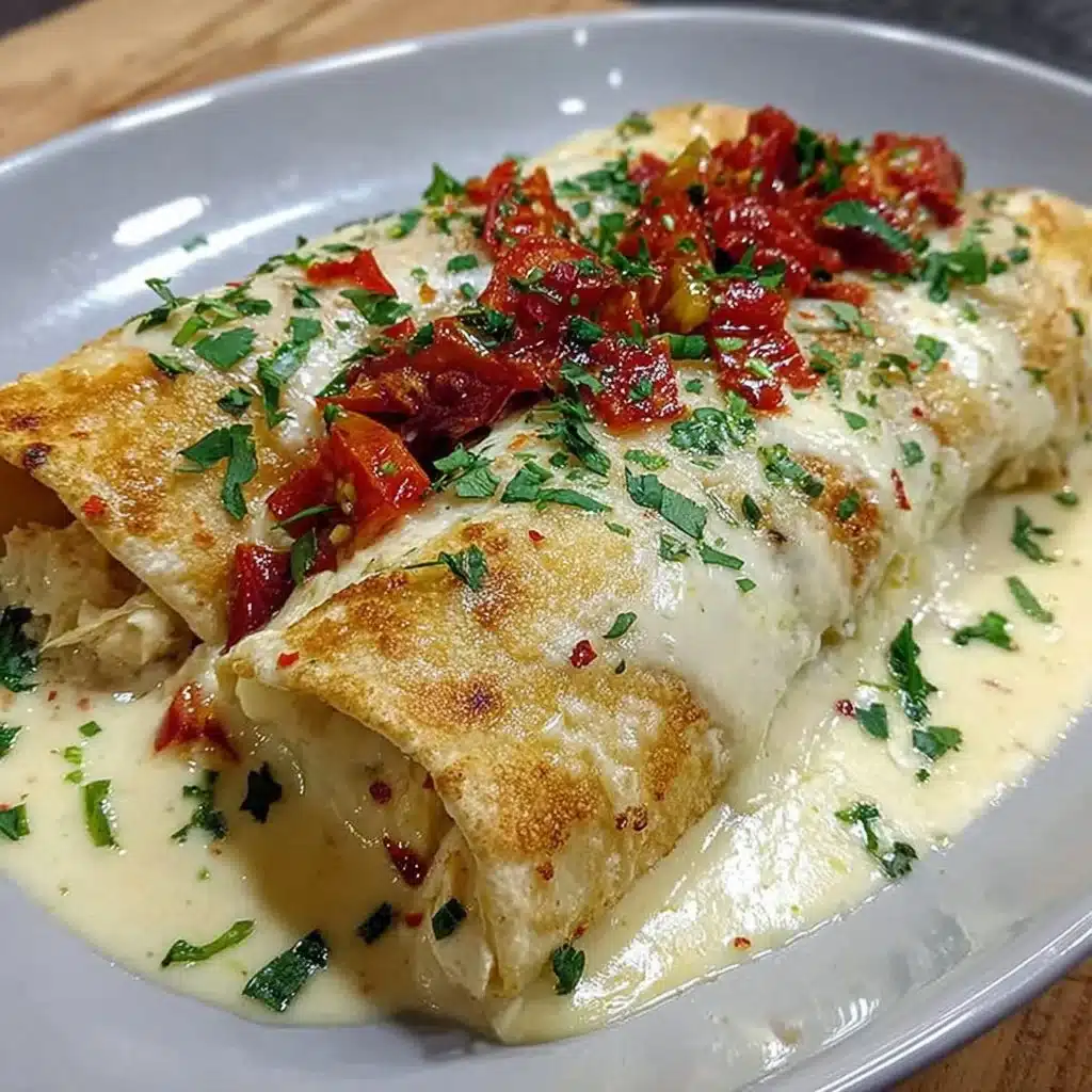 Creamy white chicken enchiladas topped with cheese and green sauce