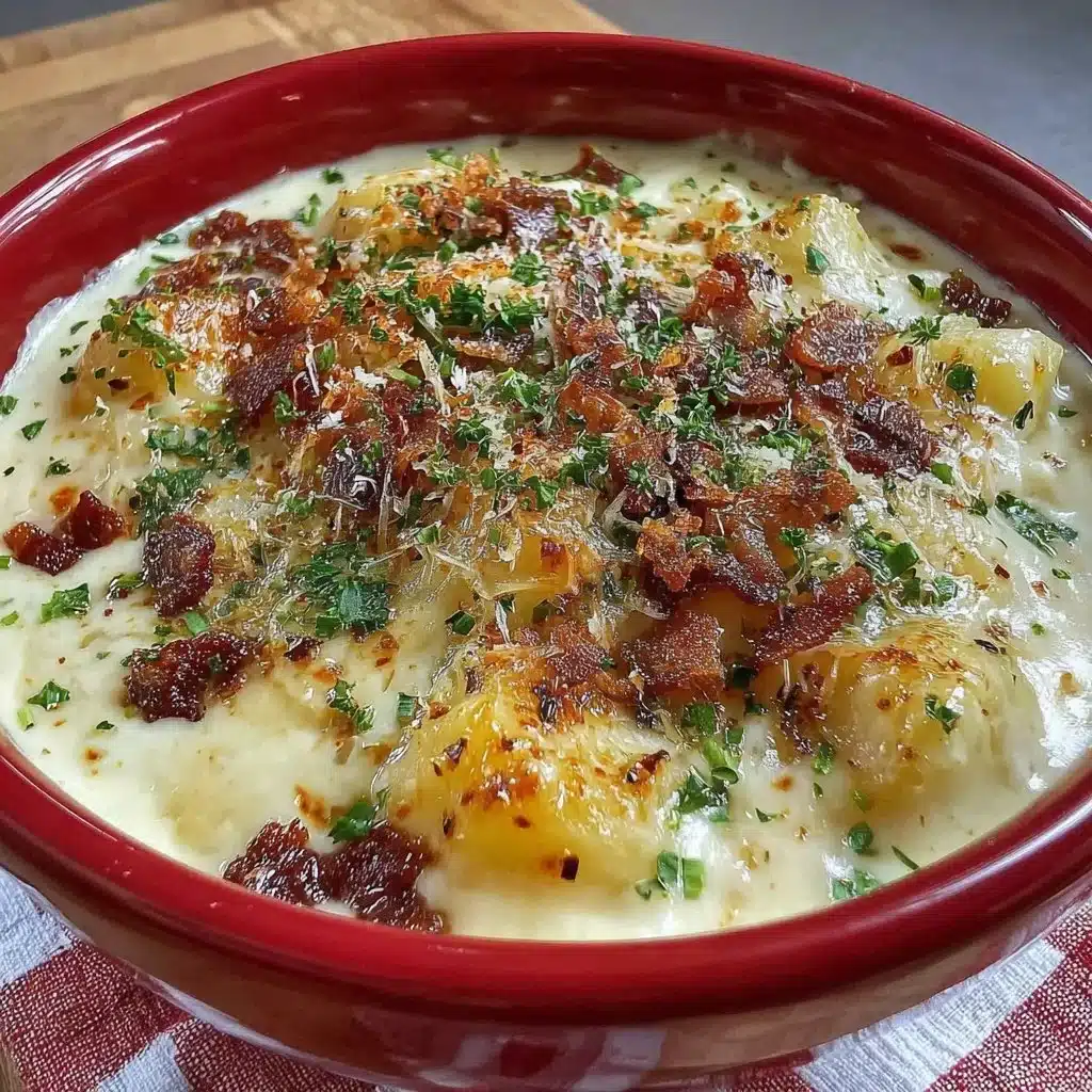 Delicious bowl of crockpot potato soup topped with herbs and bacon.