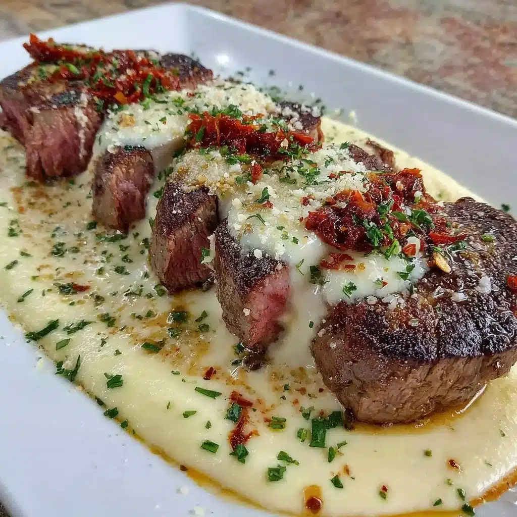 Delicious Garlic Butter Steak topped with rich Parmesan cream sauce
