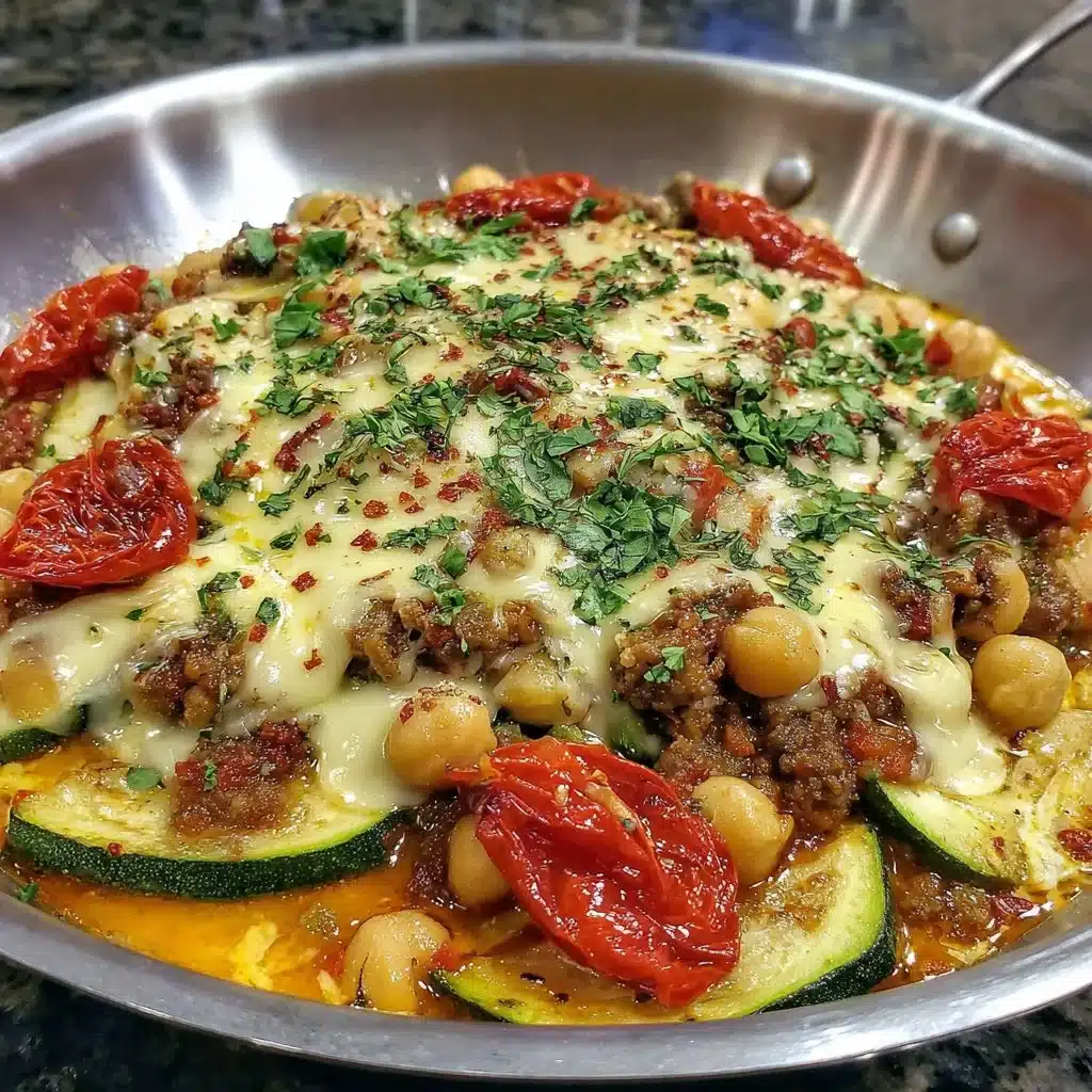 Delicious ground turkey zucchini and chickpeas skillet in a colorful dish