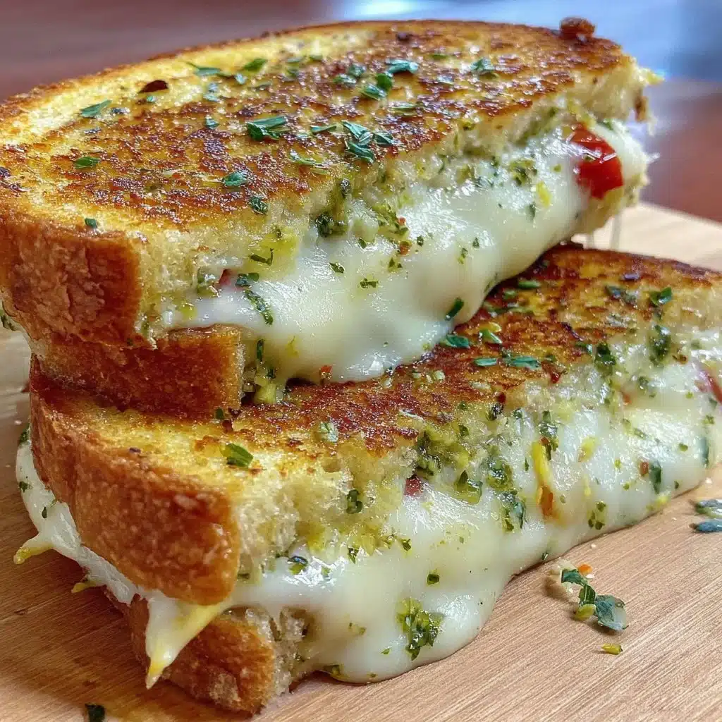 Delicious pesto grilled cheese sandwich served on a plate with fresh basil