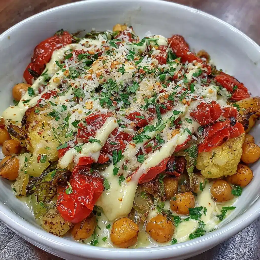 A nutritious Roasted Vegetable & Chickpea Bowl filled with vibrant veggies.