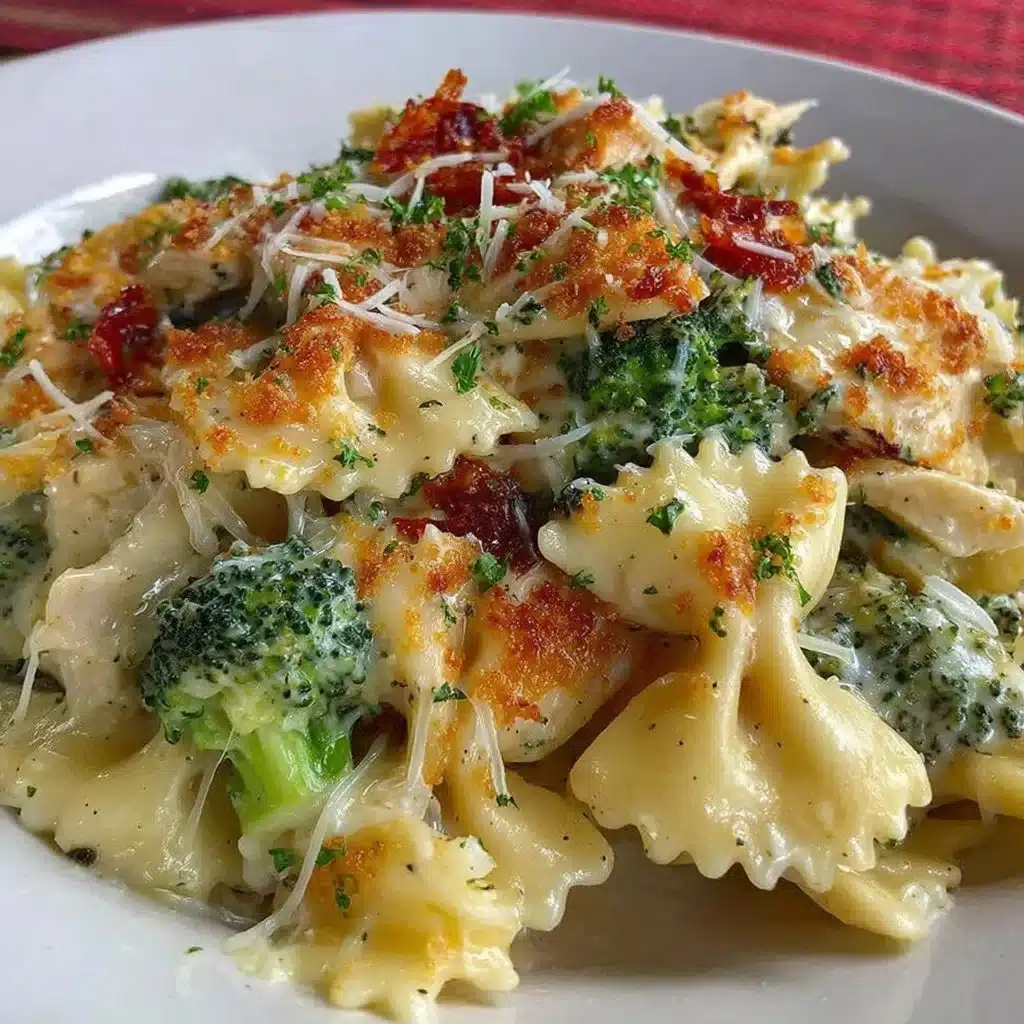 Delicious rotisserie chicken broccoli pasta served in a bowl.