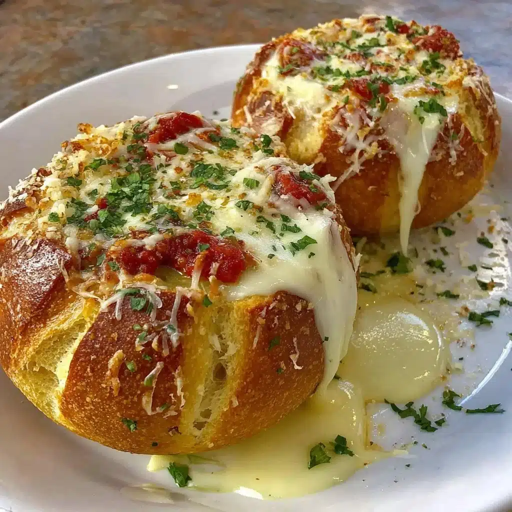 Spaghetti garlic bread bowls served with a sprinkle of parsley.