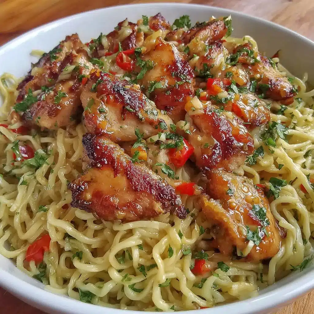 Plate of sticky garlic chicken noodles garnished with green onions.