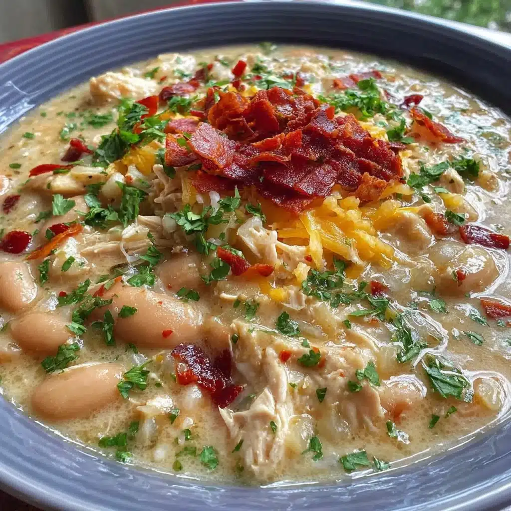 Bowl of White Chicken Chili garnished with cilantro and lime