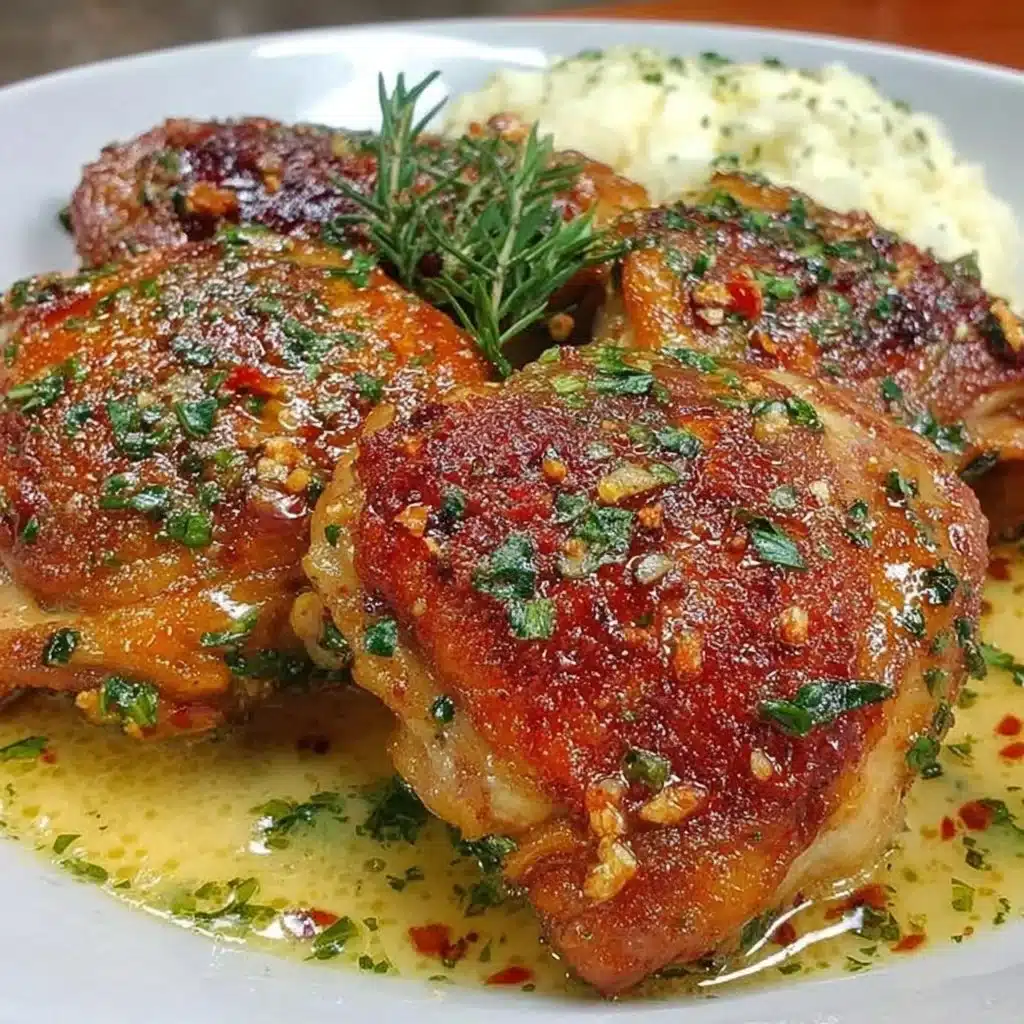 Crispy and juicy air fryer chicken thighs served on a plate with herbs