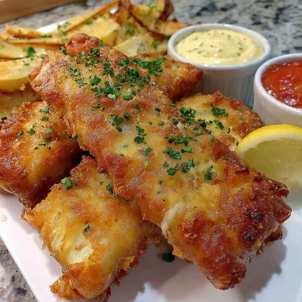 Crispy air fryer fish and chips served with tartar sauce and lemon wedges.