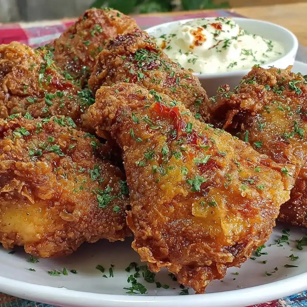 Delicious air fryer fried chicken served on a plate with herbs and sauce