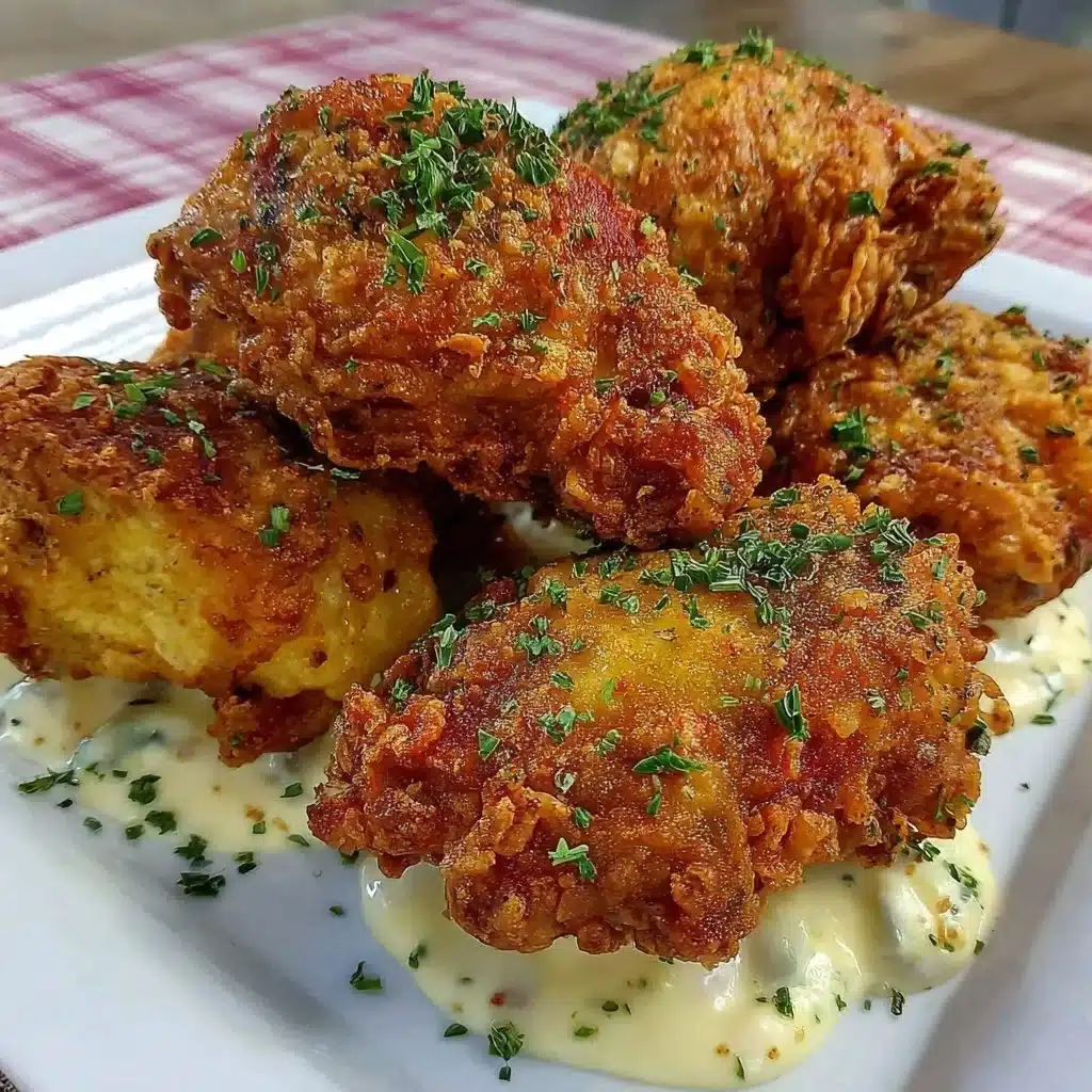 Crispy air fryer fried chicken served with dipping sauce and garnishes.