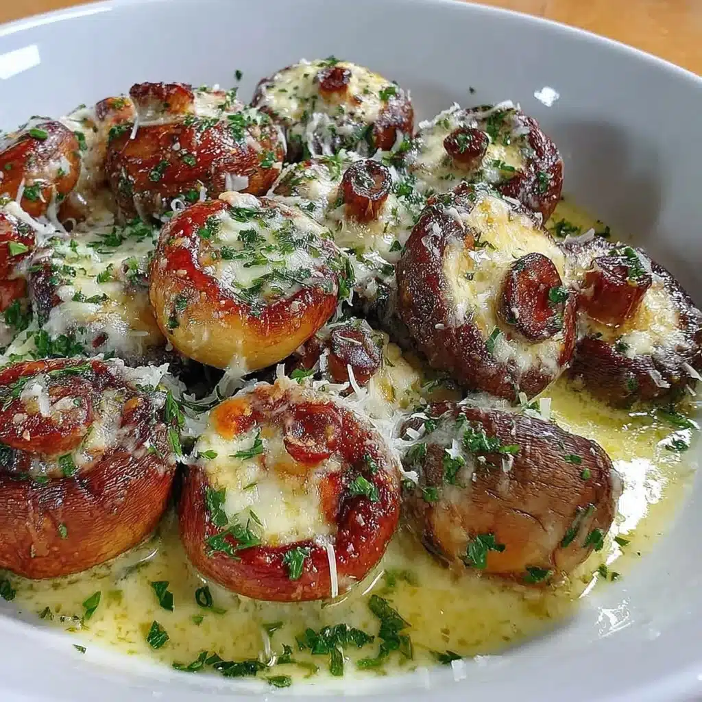 Delicious air fryer garlic mushrooms on a plate garnished with herbs.