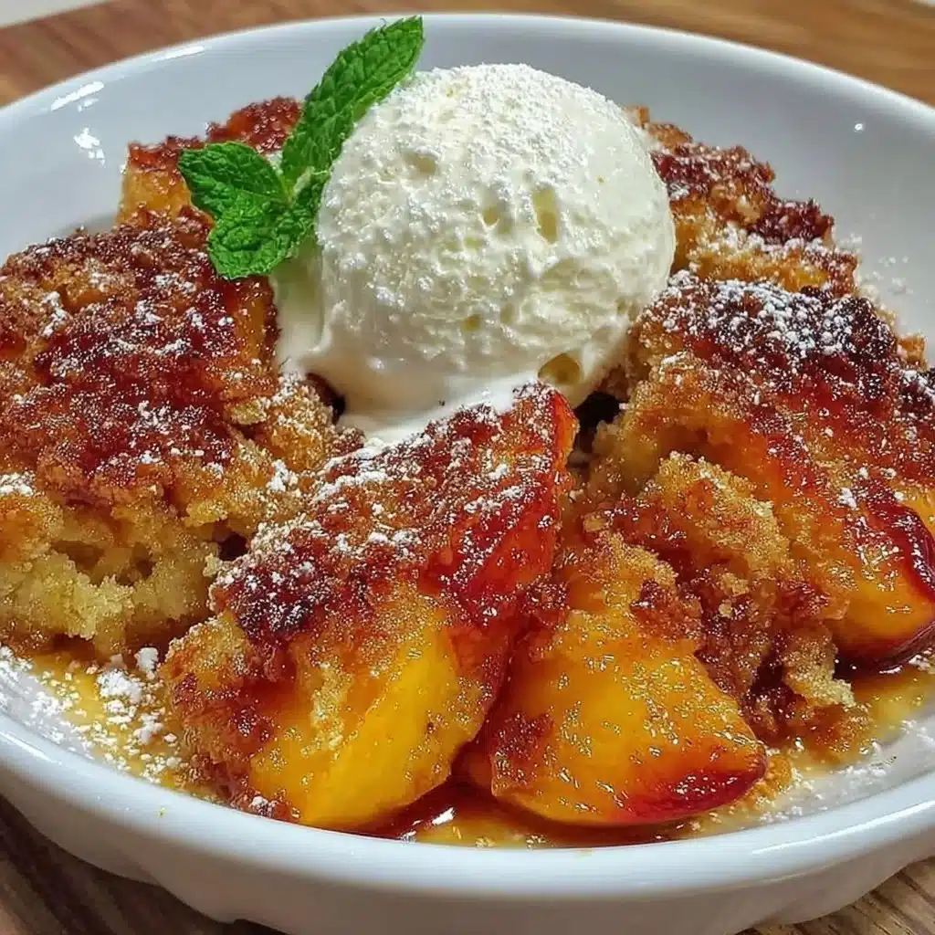 Air Fryer Peach Cobbler fresh from the air fryer, golden and topped with vanilla ice cream