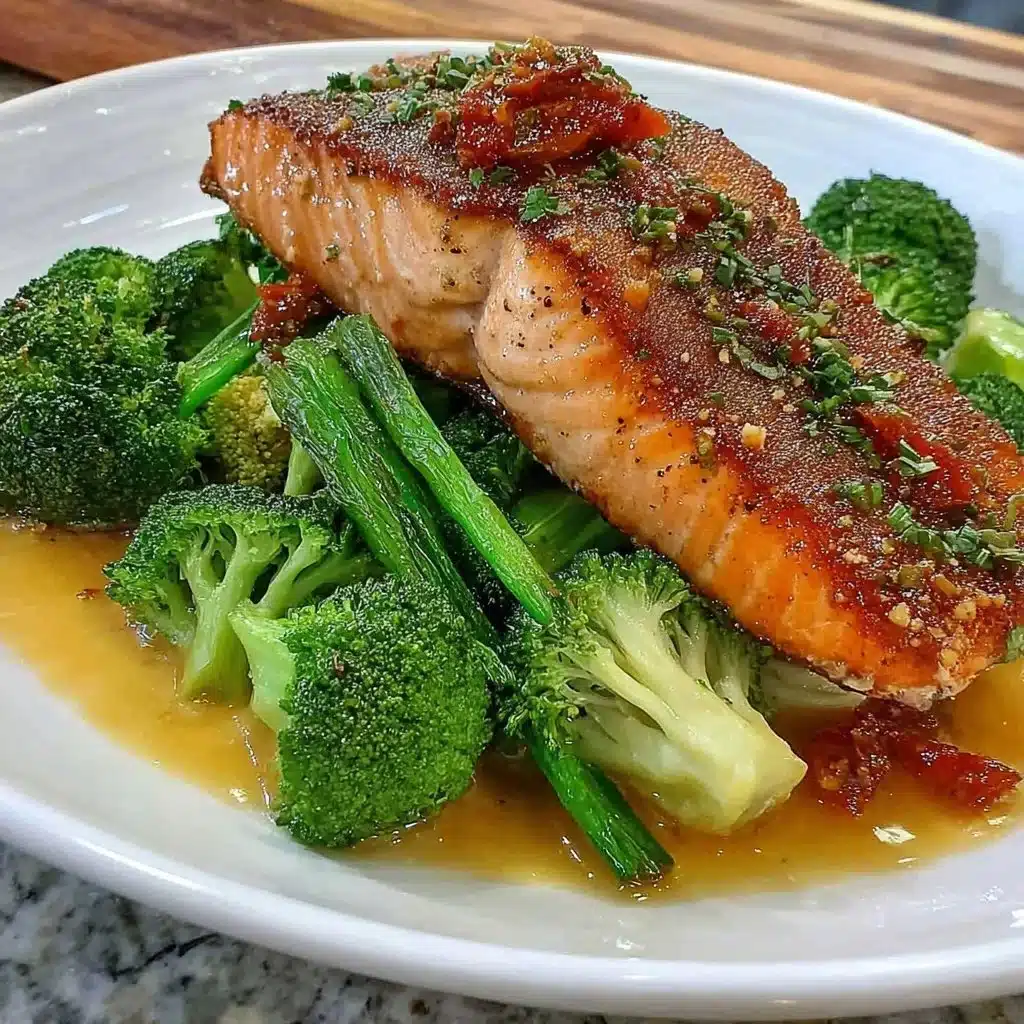 Air Fryer Teriyaki Salmon with crispy broccoli served on a plate