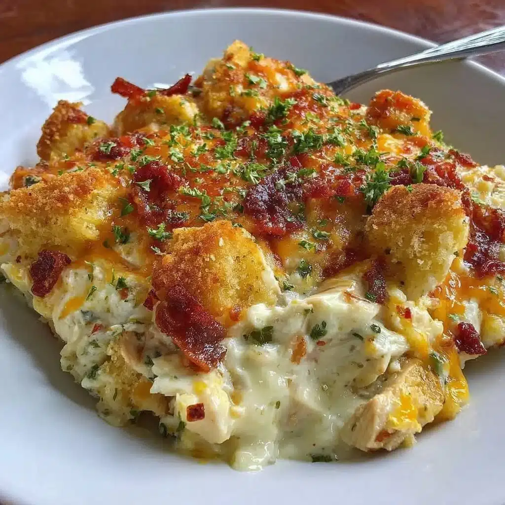 BBQ Ranch Chicken Casserole topped with cheese and herbs