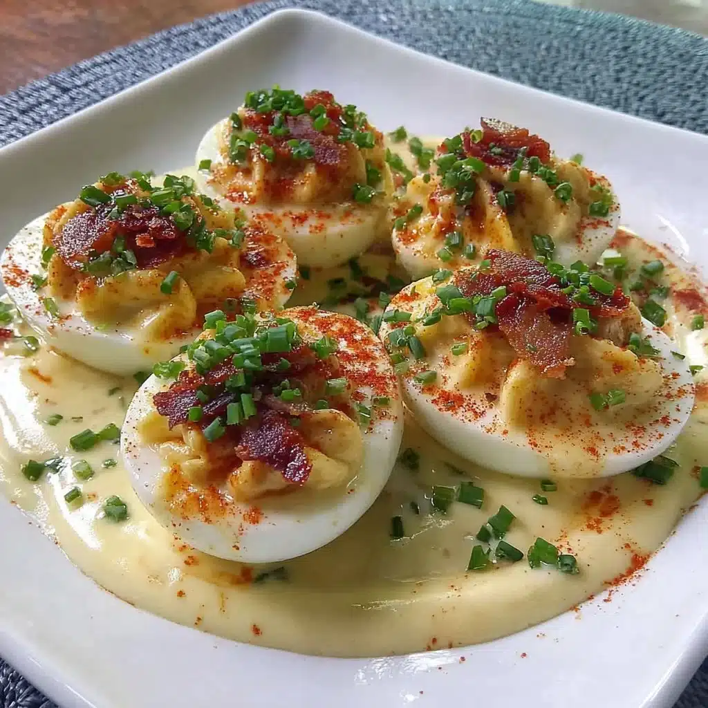 Bloody Mary Deviled Eggs garnished with celery and paprika.