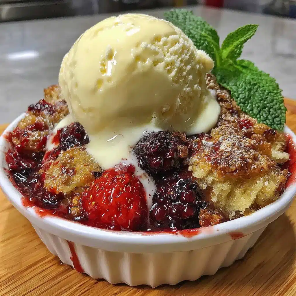 Delicious homemade bumbleberry cobbler topped with fresh berries
