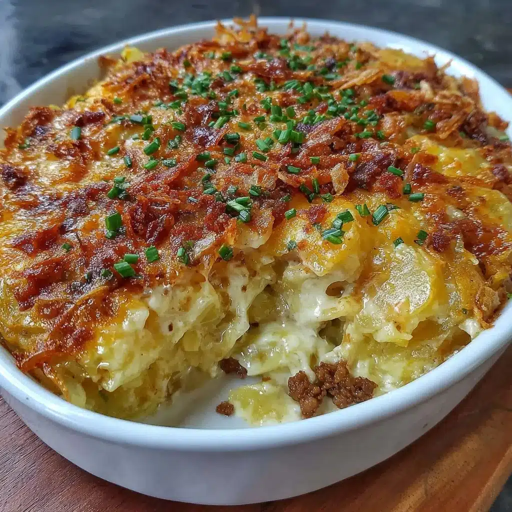 A delicious cheesy hamburger potato casserole served in a baking dish.