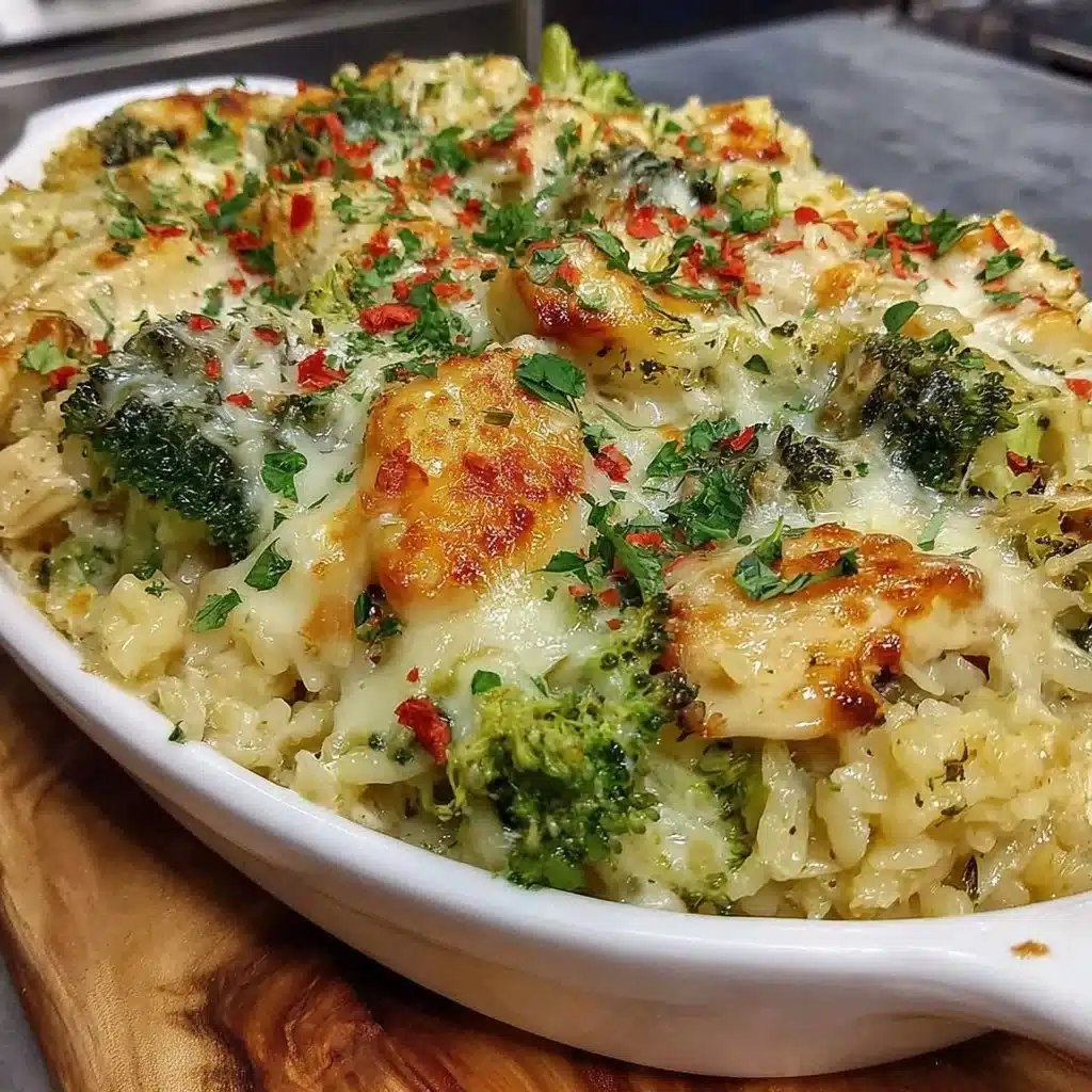 Chicken Broccoli Rice Casserole with cheese and herbs on a plate