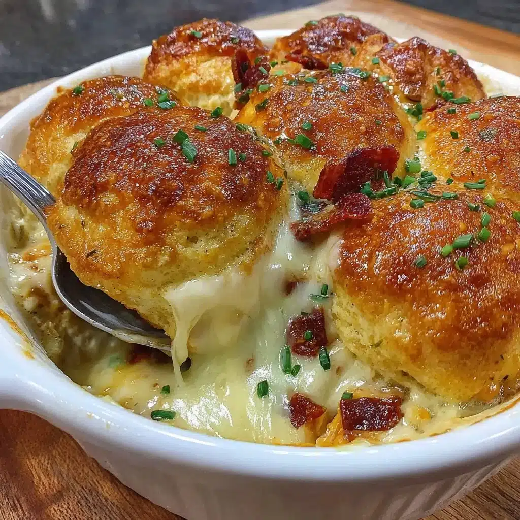 Delicious Chicken Biscuit Bake Casserole topped with flaky biscuits