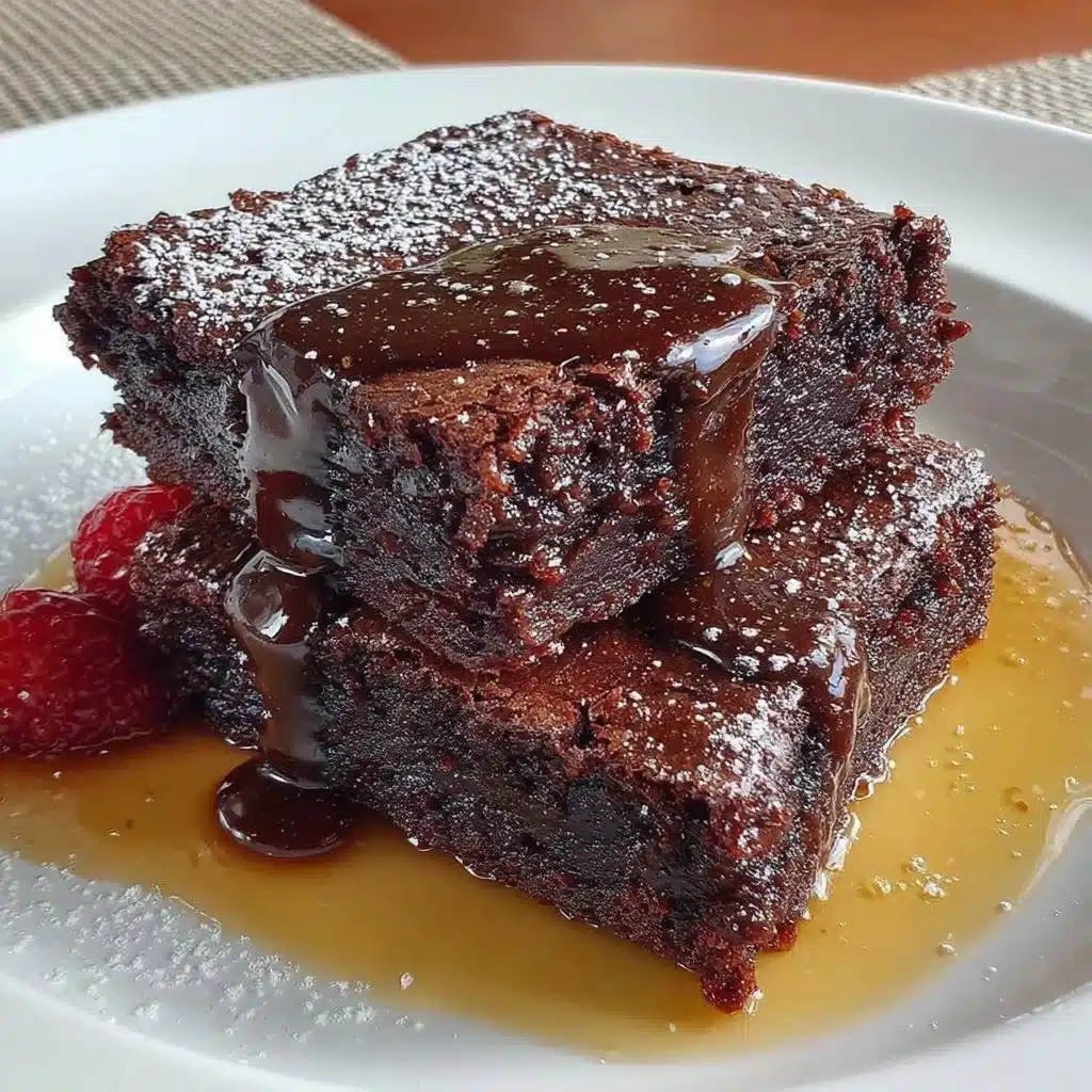 Delicious homemade chocolate brownies topped with chocolate drizzle