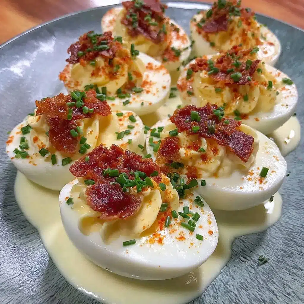 A plate of classic deviled eggs garnished with paprika and herbs.